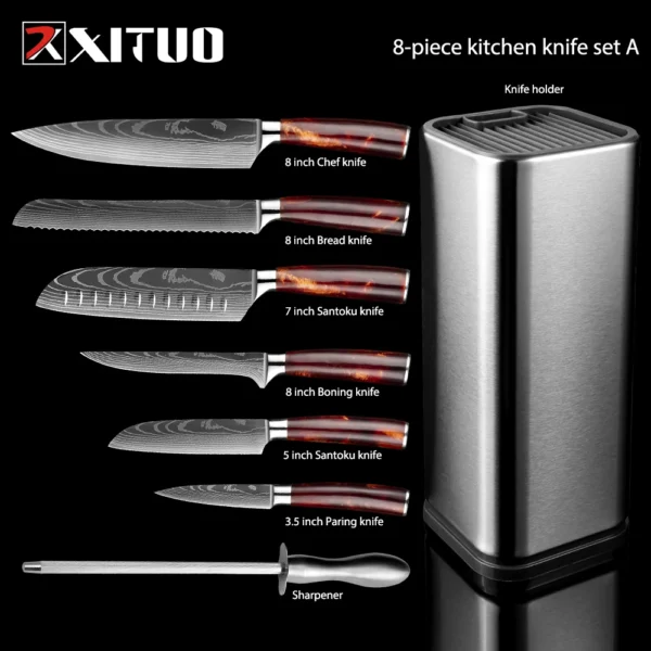 8PCS kitchen knives Set Laser Damascus pattern chef knife Sharp Santoku Cleaver Slicing Utility Knives Resin Handle - Image 5