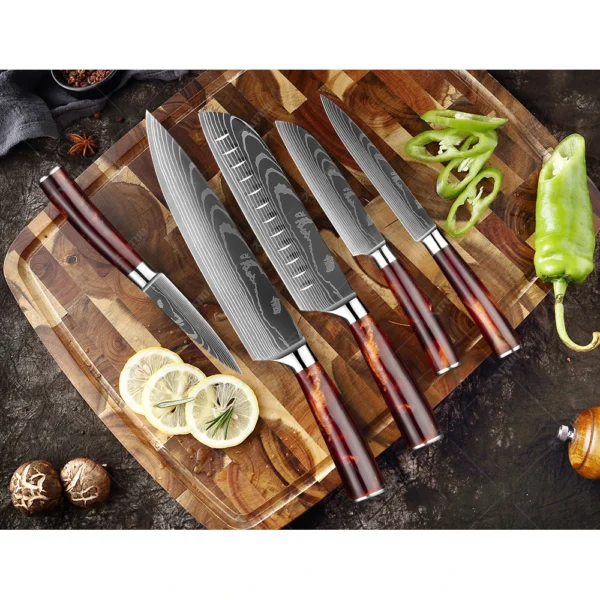 8PCS kitchen knives Set Laser Damascus pattern chef knife Sharp Santoku Cleaver Slicing Utility Knives Resin Handle - Image 4