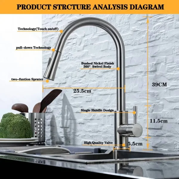 DQOK Kitchen Faucet Pull Out Brushed Nickle Sensor Stainless Steel Black Smart Induction Mixed Tap Touch Control Sink Tap - Image 5