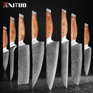 Professional Damascus Steel Kitchen Knives Set 1-8PCS Chef Knife, Santoku, Cleaver, Bread, Boning & Utility Knives - Razor Sharp