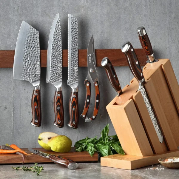 Knife Set with block, 9PC High Carbon Stainless Steel Knife Set with Pakka Wood Handle and Beech Wood Block - Image 4