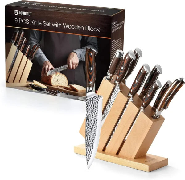 Knife Set with block, 9PC High Carbon Stainless Steel Knife Set with Pakka Wood Handle and Beech Wood Block - Image 6