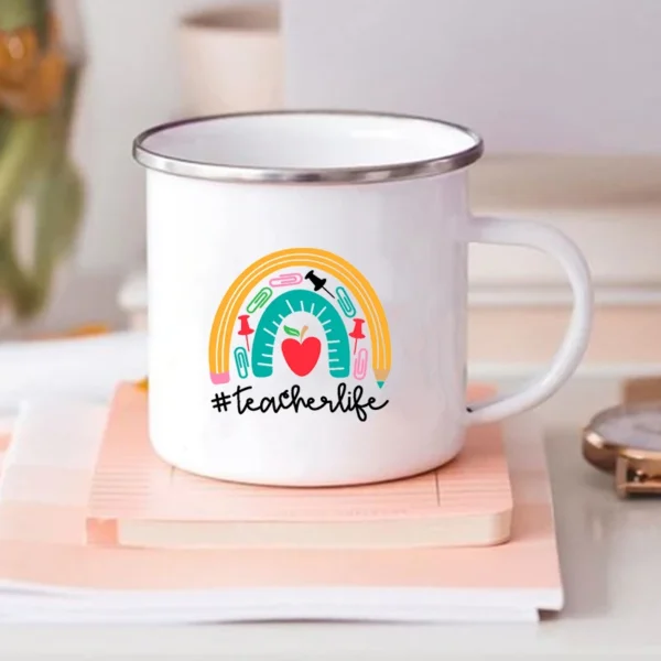 Rainbow Teacher Printed Enamel Mug Creative Retro Coffee Water Cups Drink Dessert Milk Cup Mugs Handle Drinkware Teacher Gifts - Image 4