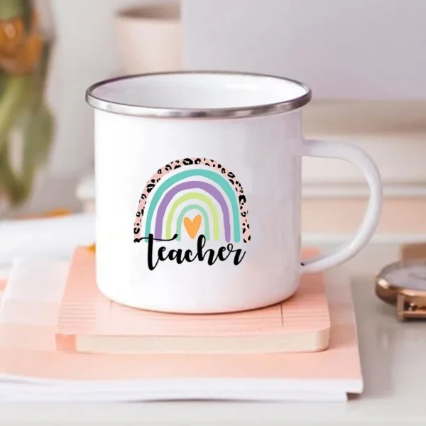 Rainbow Teacher Printed Enamel Mug Creative Retro Coffee Water Cups Drink Dessert Milk Cup Mugs Handle Drinkware Teacher Gifts - Image 5