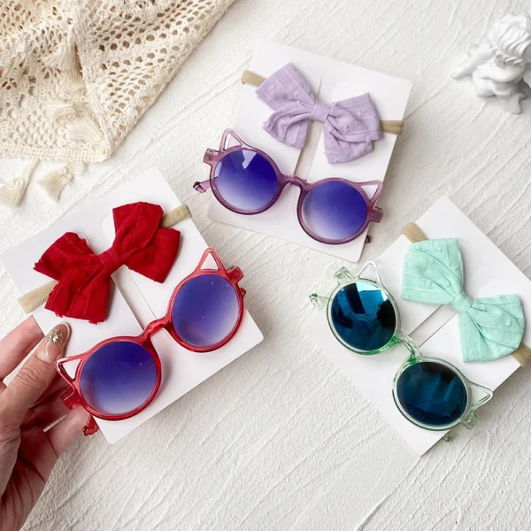 2Pcs/Pack Sunglasses Bows Headband Set Vintage Kids Summer Round Sun Glasses Children Protection Glasses Baby Hair Accessories - Image 3