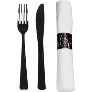 Party Supplies Wrapped Silverware Set Disposable Pre Rolled Napkin and Cutlery Forks Knives Black 50 Units