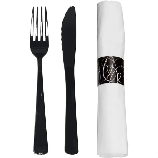 Party Supplies Wrapped Silverware Set Disposable Pre Rolled Napkin and Cutlery Forks Knives Black 50 Units