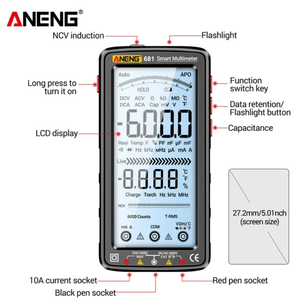 ANENG 681 Rechargable Digital Professional Multimeter Non-contact Voltage Tester AC/DC Voltage Meter LCD Screen Current Tester - Image 3