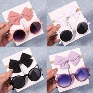 2Pcs/Pack Sunglasses Bows Headband Set Vintage Kids Summer Round Sun Glasses Children Protection Glasses Baby Hair Accessories