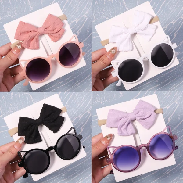 2Pcs/Pack Sunglasses Bows Headband Set Vintage Kids Summer Round Sun Glasses Children Protection Glasses Baby Hair Accessories