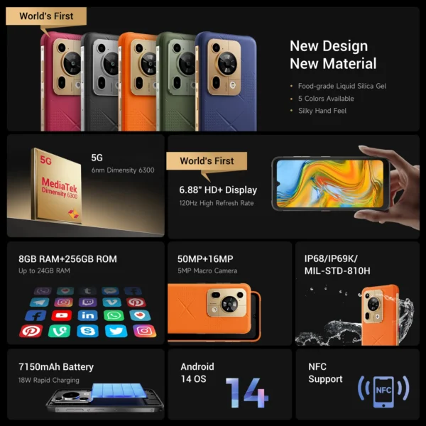 [World premiere] Fossibot F112 PRO 5G Rugged Smartphone 6.88" HD+ 7150mAh 24G(8+16)+256G Mobile Phone Android 14 50MP Cell Phone - Image 4