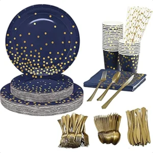 160PCS Disposable Cutlery Set for 20 Guests Blue and Gold Party Cutlery Set Includes Dinner Plate Salad Plate Napkin Cup Knife