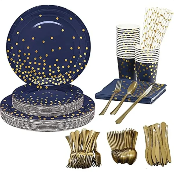 160PCS Disposable Cutlery Set for 20 Guests Blue and Gold Party Cutlery Set Includes Dinner Plate Salad Plate Napkin Cup Knife