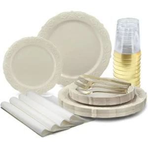 640 Piece Set (80 Guests)-Vintage Wedding Party Disposable Plastic Plates & Cutlery + Gold Silverware + Gold Rim Cups + Napkins